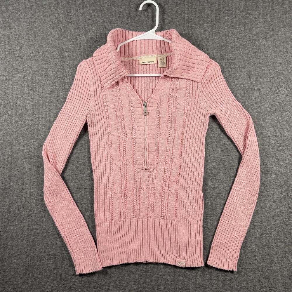 Y2K DKNY JEANS Pink Cable Knit Ribbed Quarter Zip Sweater Womens Small